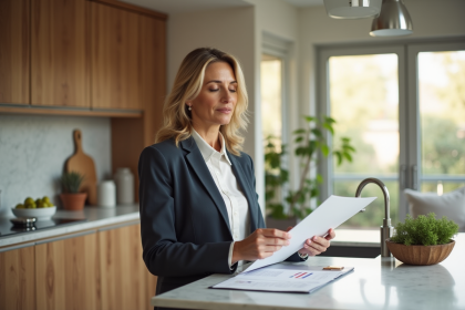 Femme d'âge moyen examinant des documents immobiliers dans une cuisine moderne
