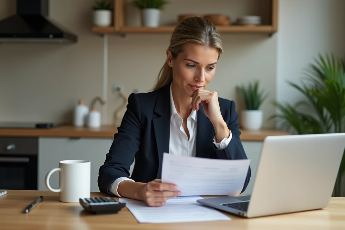 Femme en cuisine examinant des documents de prêt immobilier
