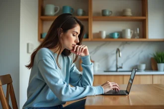 Jeune femme assise à la cuisine avec smartphone