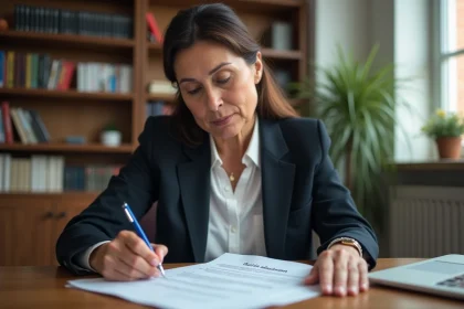 Femme d'âge moyen lisant un document officiel dans un bureau
