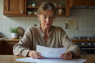 Femme d'âge moyen lisant des papiers dans une cuisine chaleureuse