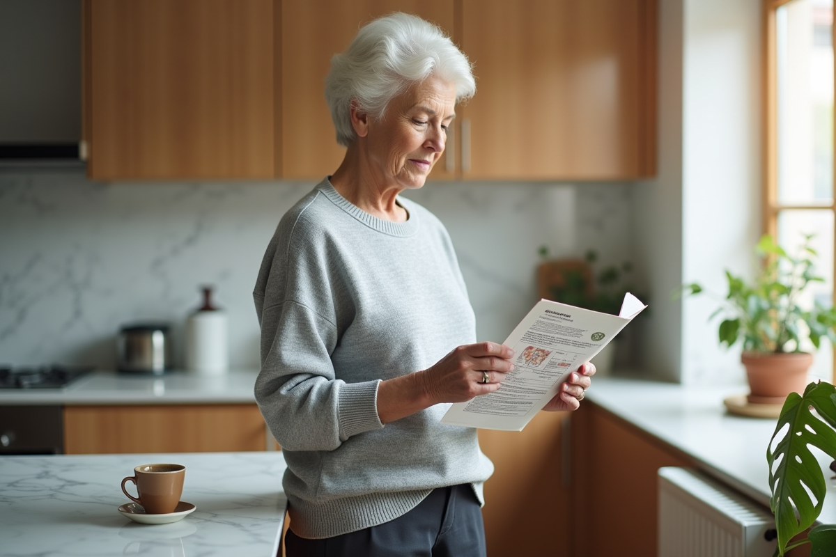 Femme âgée lisant une brochure sur la santé du colon