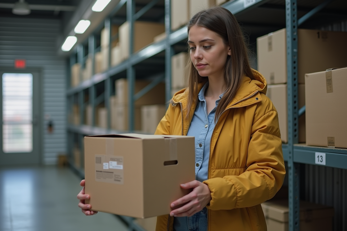 Jeune femme organisant des cartons dans un selfstorage à Caen