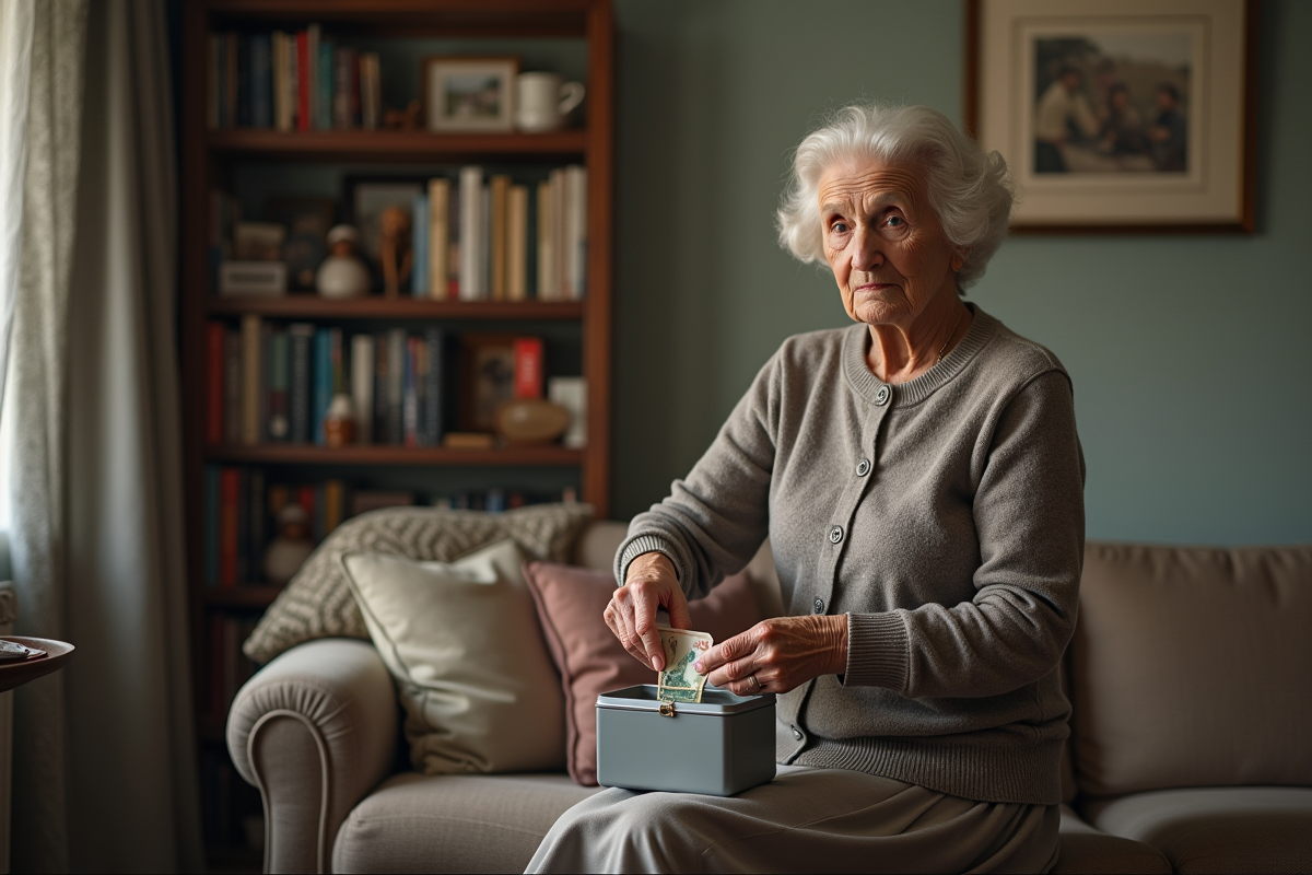 Femme âgée rangeant des billets dans une caisse enregistreuse à la maison