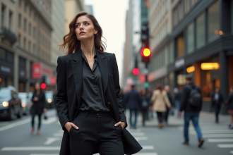Femme élégante en tailleur noir dans une ville animée