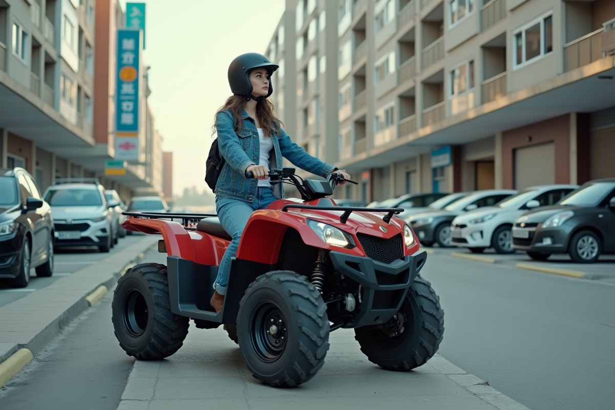 Femme avec casque près d’un quad en ville
