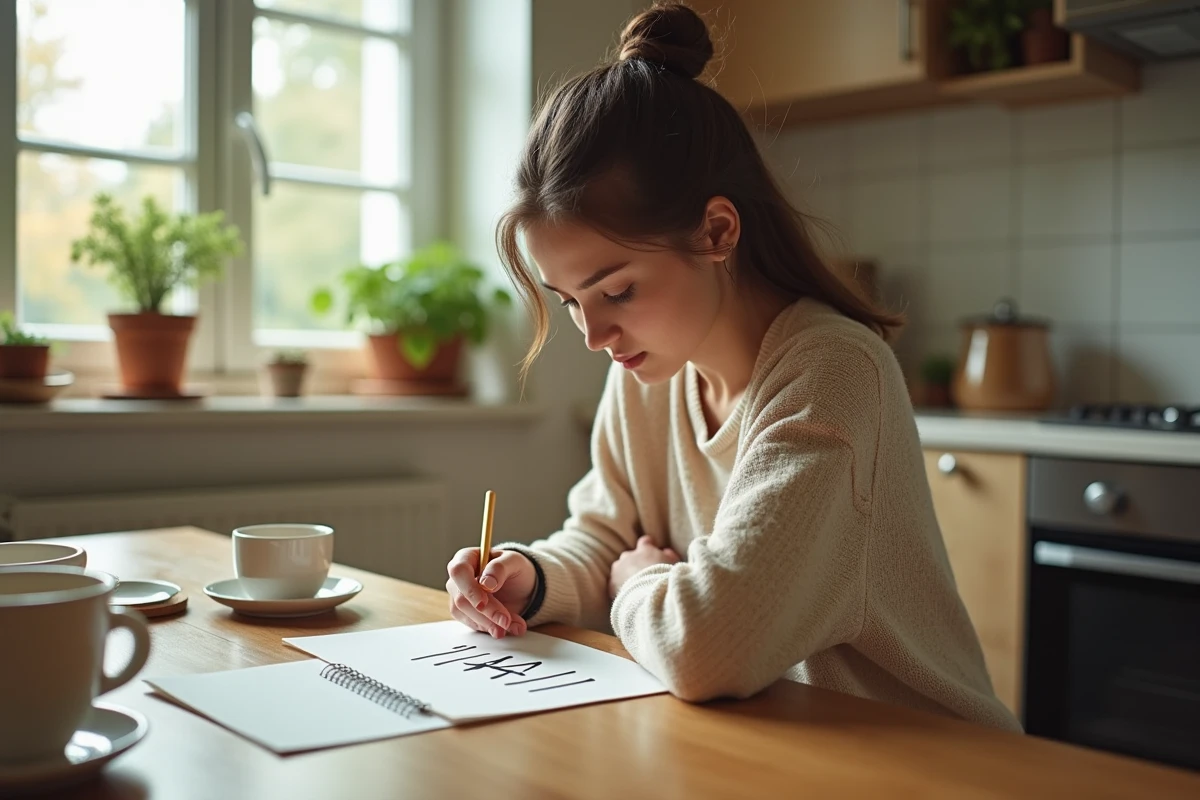 Jeune femme réfléchissant à une note avec 1441 dans une cuisine lumineuse