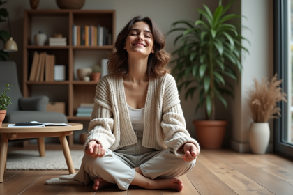 Femme détendue en intérieur cosy avec livres et plantes