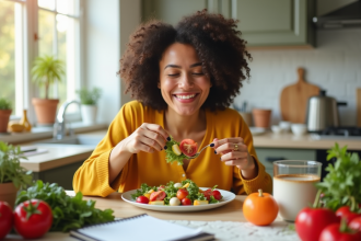 Femme souriante dégustant une salade colorée dans une cuisine lumineuse