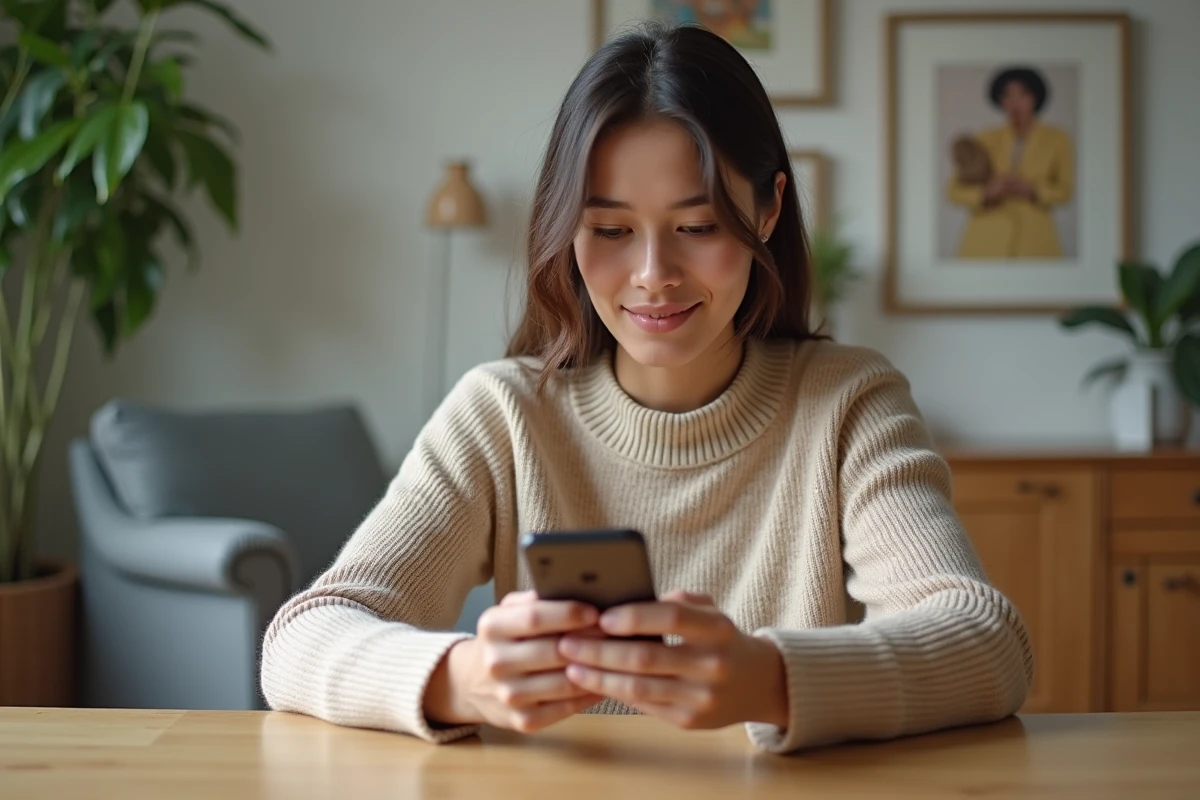 Jeune femme utilisant son smartphone dans un intérieur moderne