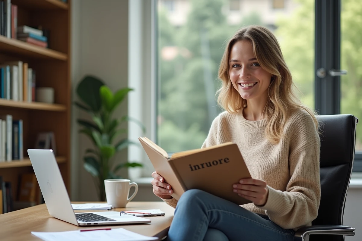 Jeune femme souriante avec dossier impots au bureau