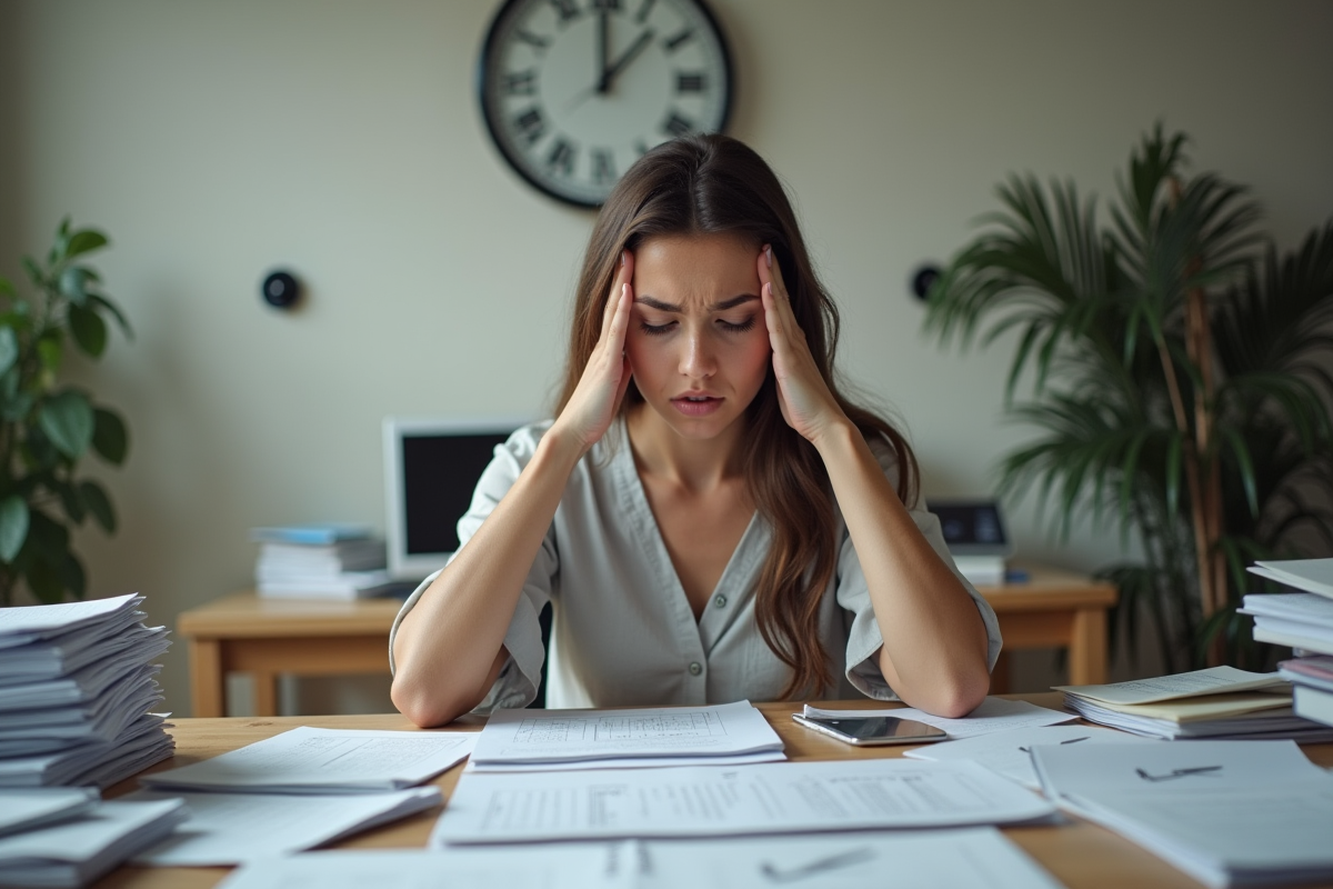 Jeune femme frustrée à son bureau avec papiers et horloge