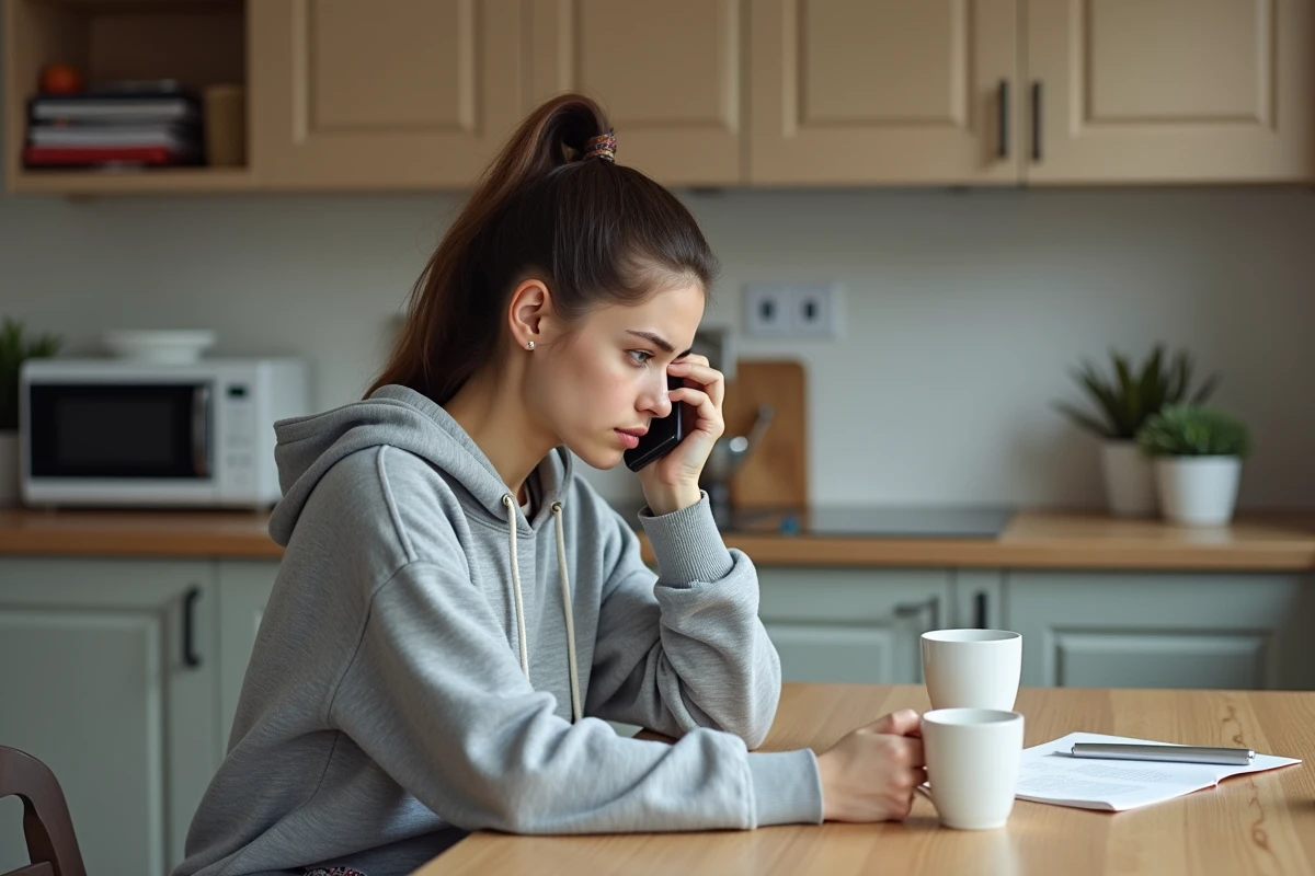 Jeune femme parlant au téléphone dans sa cuisine