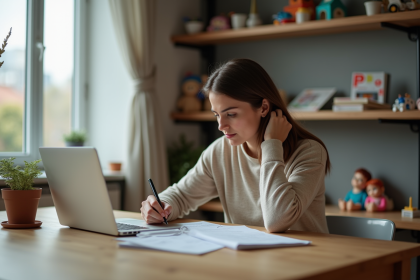 Femme concentrée travaillant à la maison sur un ordinateur