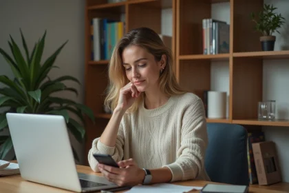 Femme d'âge moyen travaillant à son bureau à domicile