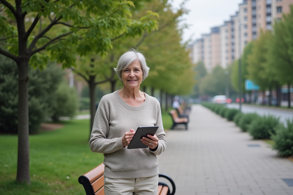 Femme âgée utilisant une tablette en extérieur
