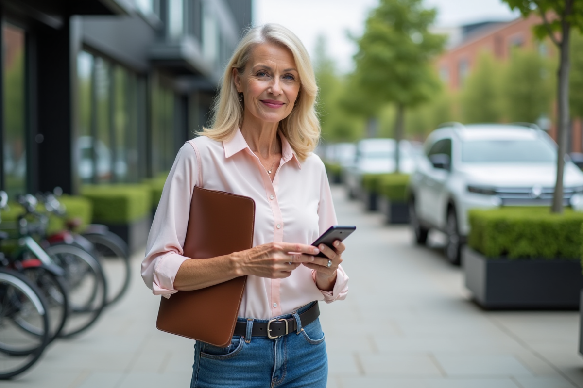 Femme confiante utilisant son smartphone en ville