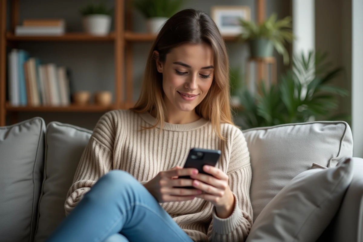 Femme assise sur un canapé utilise smartphone pour shopping