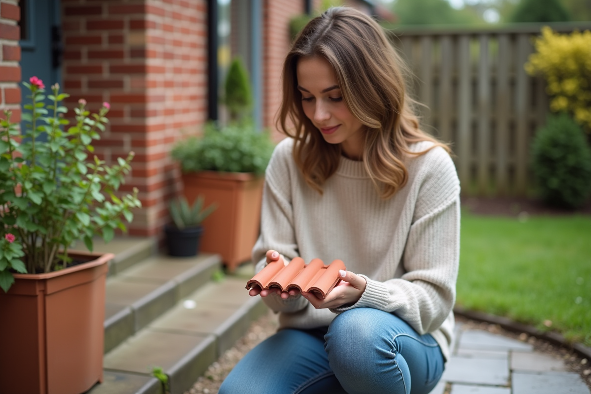 Jeune femme comparant une tuile en terre cuite et en béton
