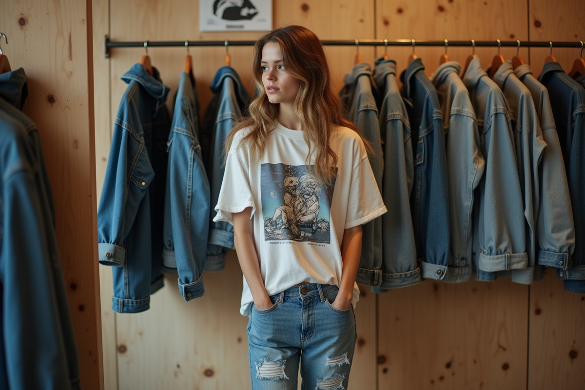 Femme stylée regardant des vêtements vintage en magasin