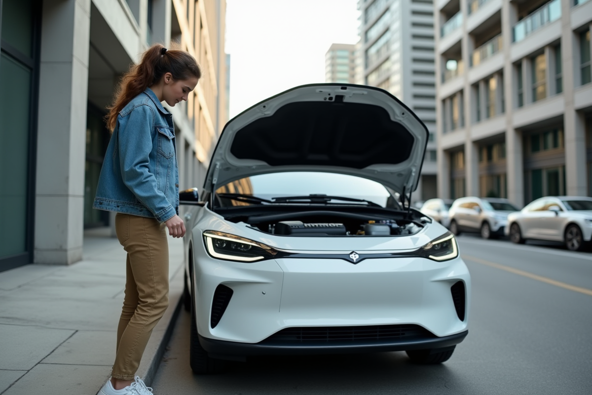 Jeune femme examine fuite sur voiture hydrogene en ville