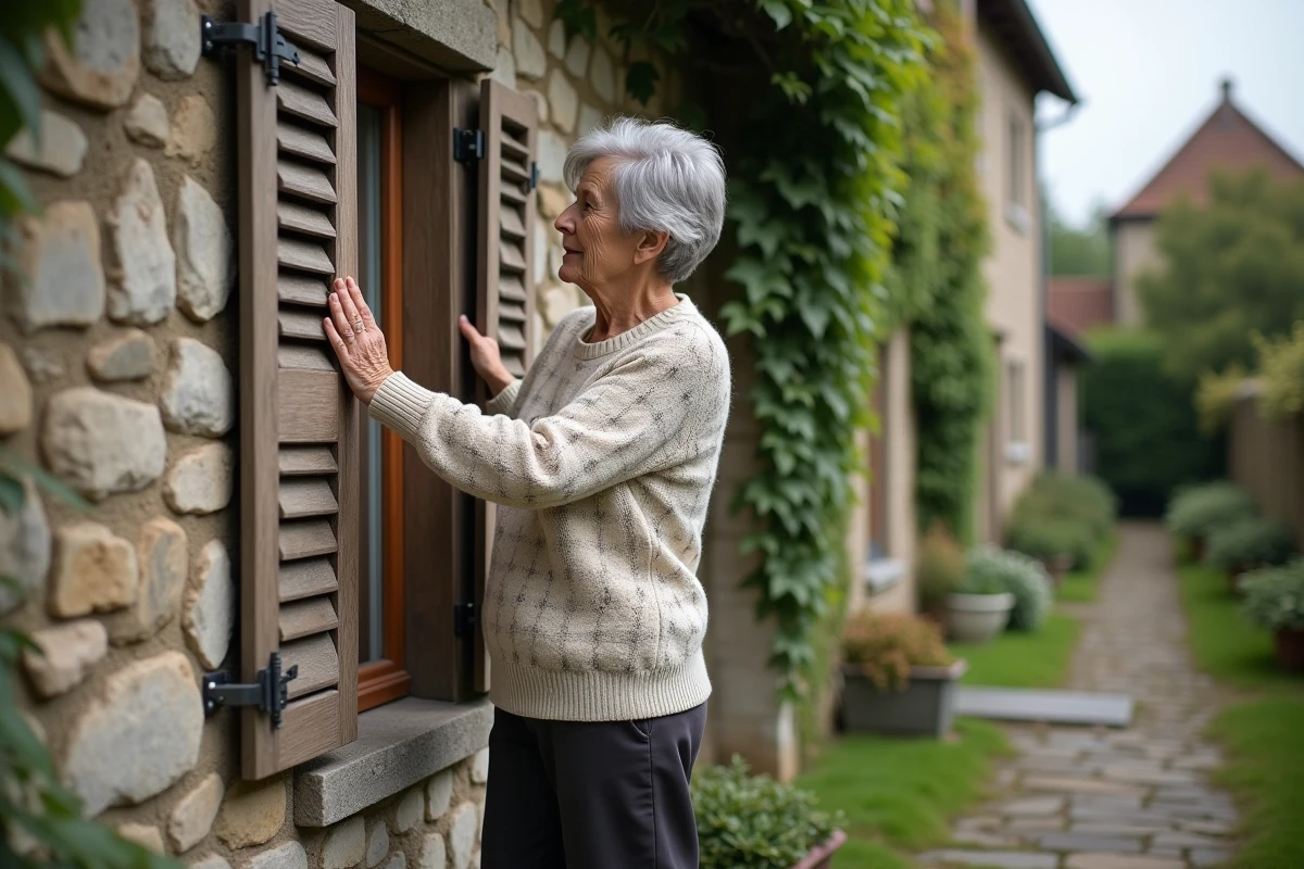 Femme âgée fermant des volets en bois dans une maison de campagne