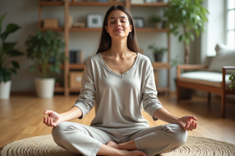 Femme en yoga méditant dans un salon lumineux