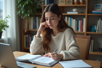 Jeune femme en étude financière à la maison