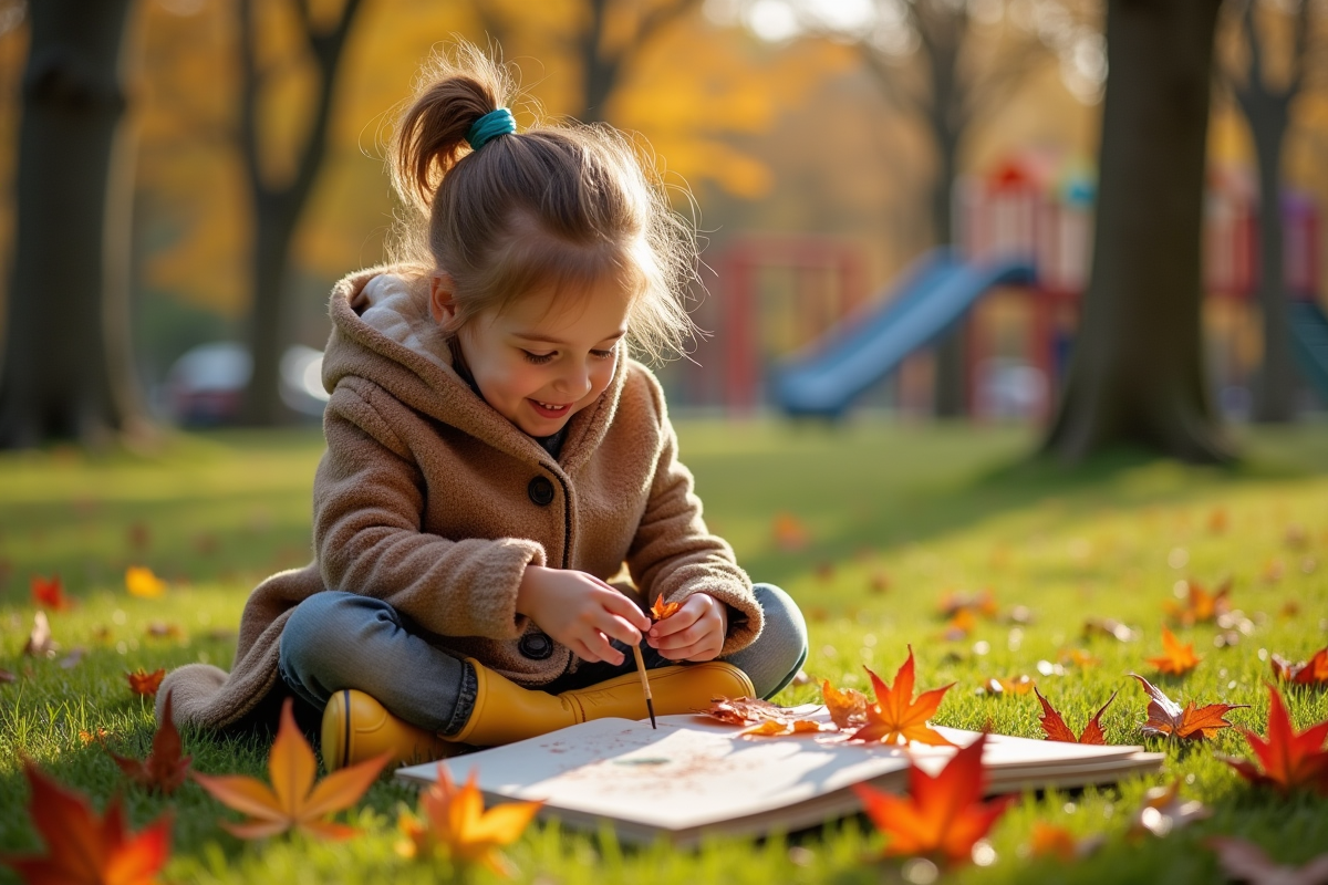 Fille en plein air assemble des feuilles d