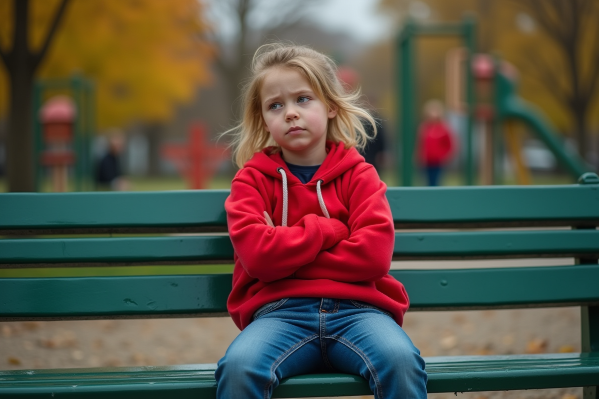 Fille de 9 ans assise seule sur un banc de parc en ville