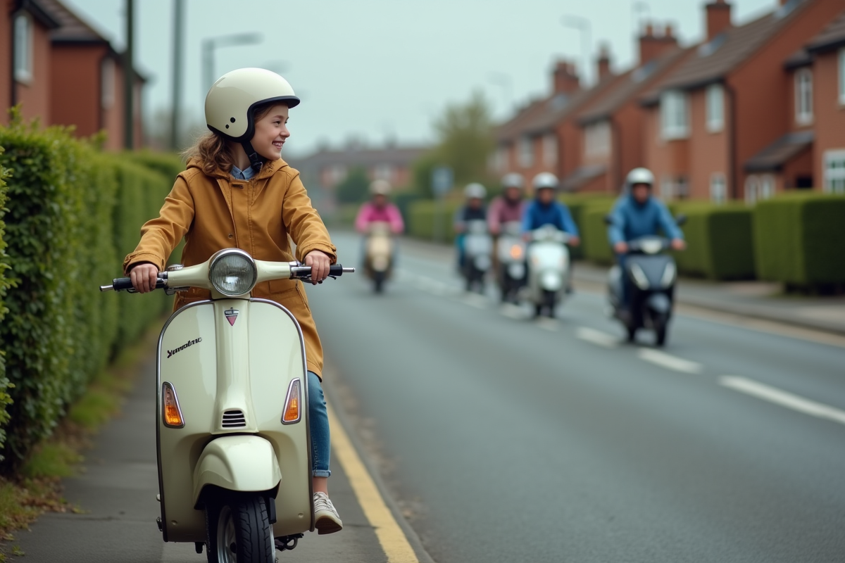 Fille en casque avec scooter dans quartier suburbain