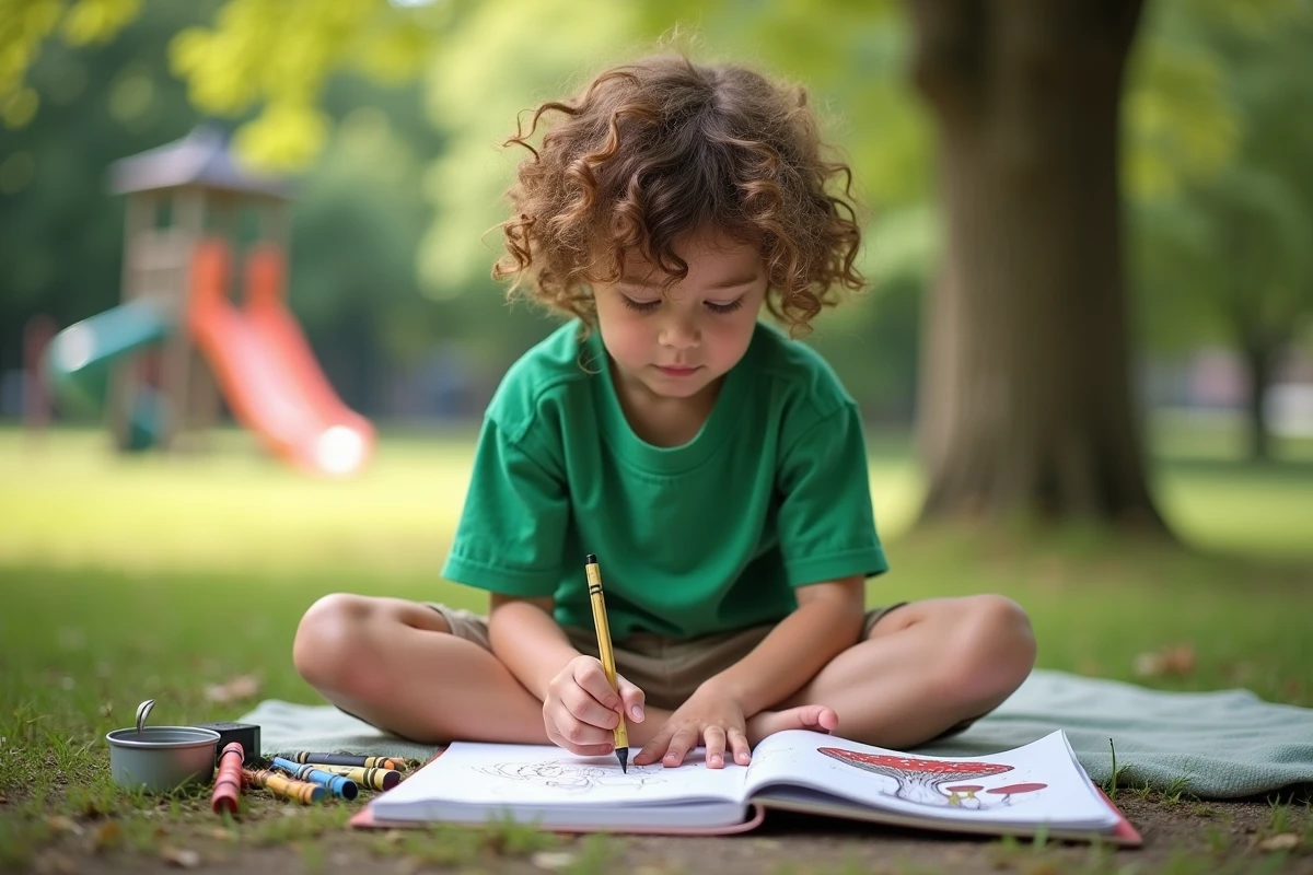 Garçon de 10 ans coloriant un champignon dans un parc