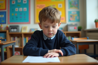 Garçon de 7 ans assis à un bureau scolaire en classe