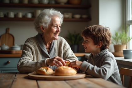 Une grand-mère partageant du pain avec un enfant dans une cuisine chaleureuse