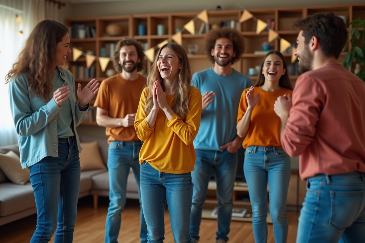 Groupe d'amis en soirée jouant aux charades dans un salon convivial