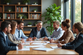 Groupe diversifié en réunion de travail dans un bureau moderne