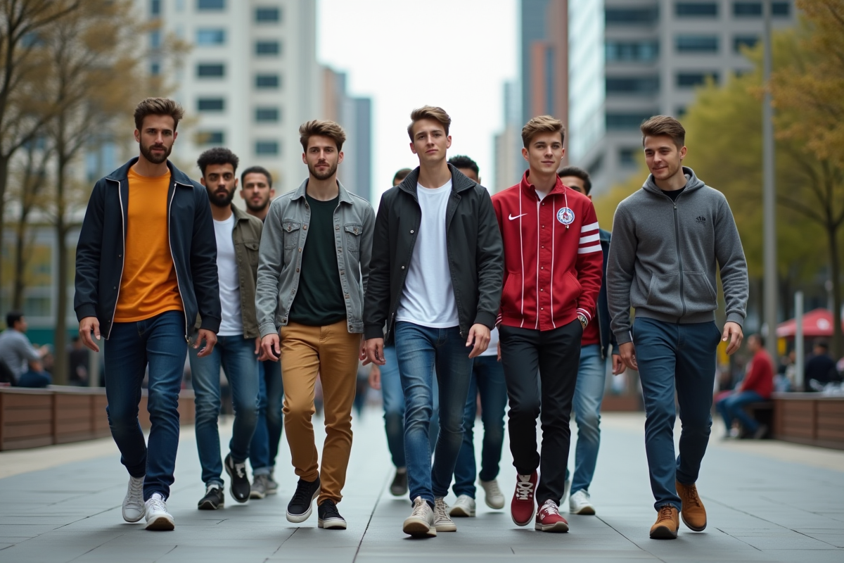 Groupe divers d hommes dans une place urbaine en plein air