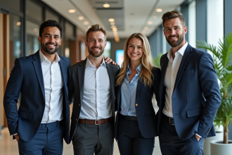 Groupe de quatre adultes d'affaires dans un lobby moderne