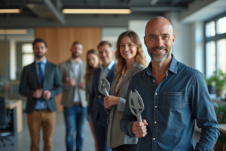 Groupe de professionnels divers dans un bureau avec outils