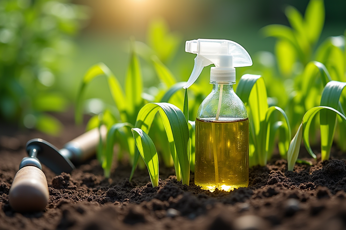 Herbes vertes fanant après traitement au vinaigre dans le jardin