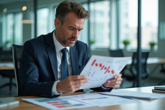 Homme d'affaires regardant un rapport financier avec baisse