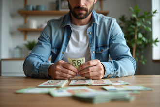 Homme d'âge moyen comptant des billets euros sur une table moderne