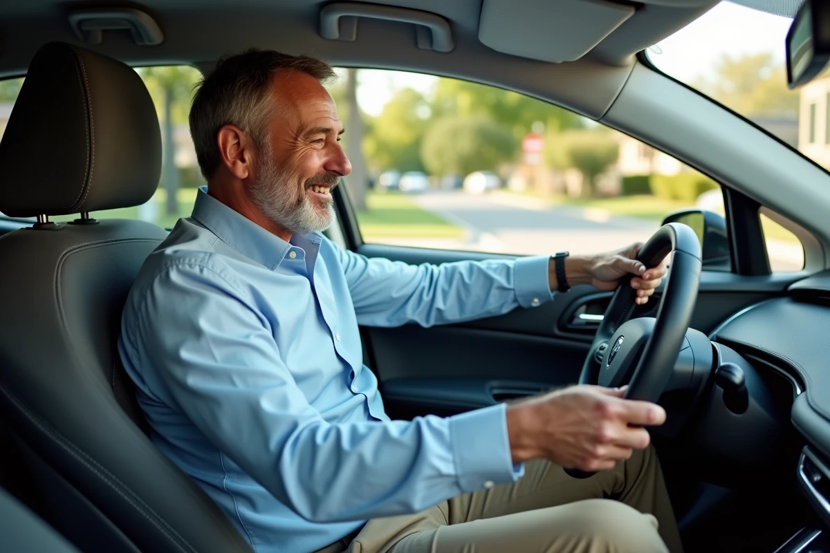Homme détendu dans une voiture hybride en banlieue