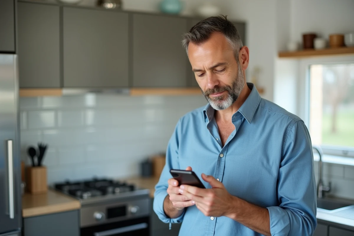 Homme dans une cuisine lumineuse regardant son smartphone