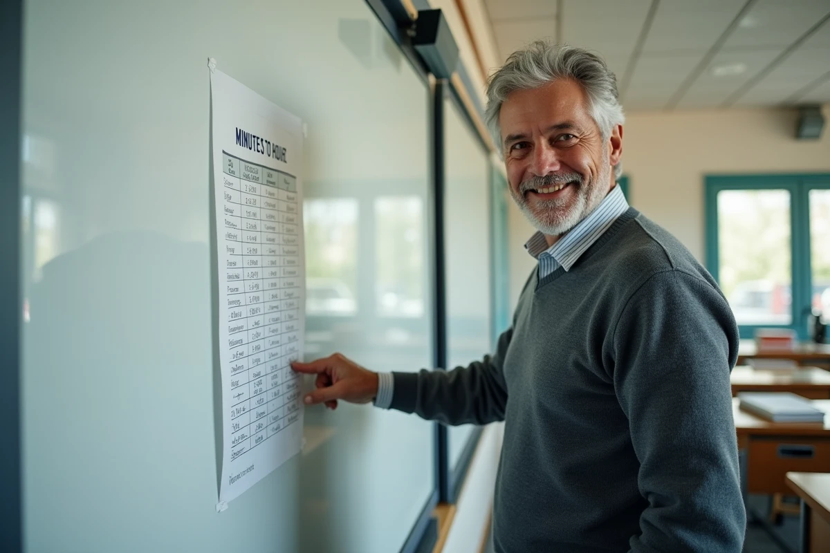 Enseignant montre un tableau de conversion en classe avec un sourire