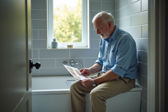 Homme d'âge moyen examinant un graphique d'échantillons de selles