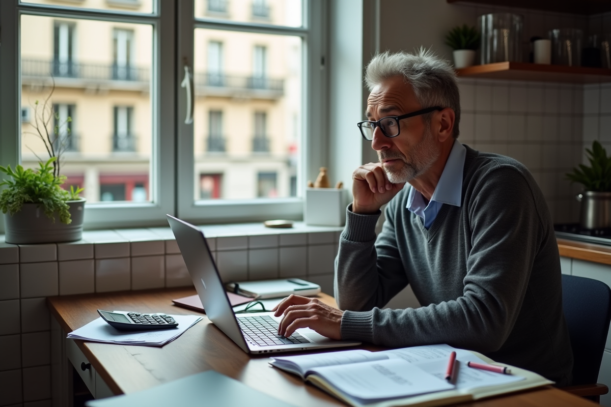 Homme étudiant ses finances avec vue sur rue parisienne