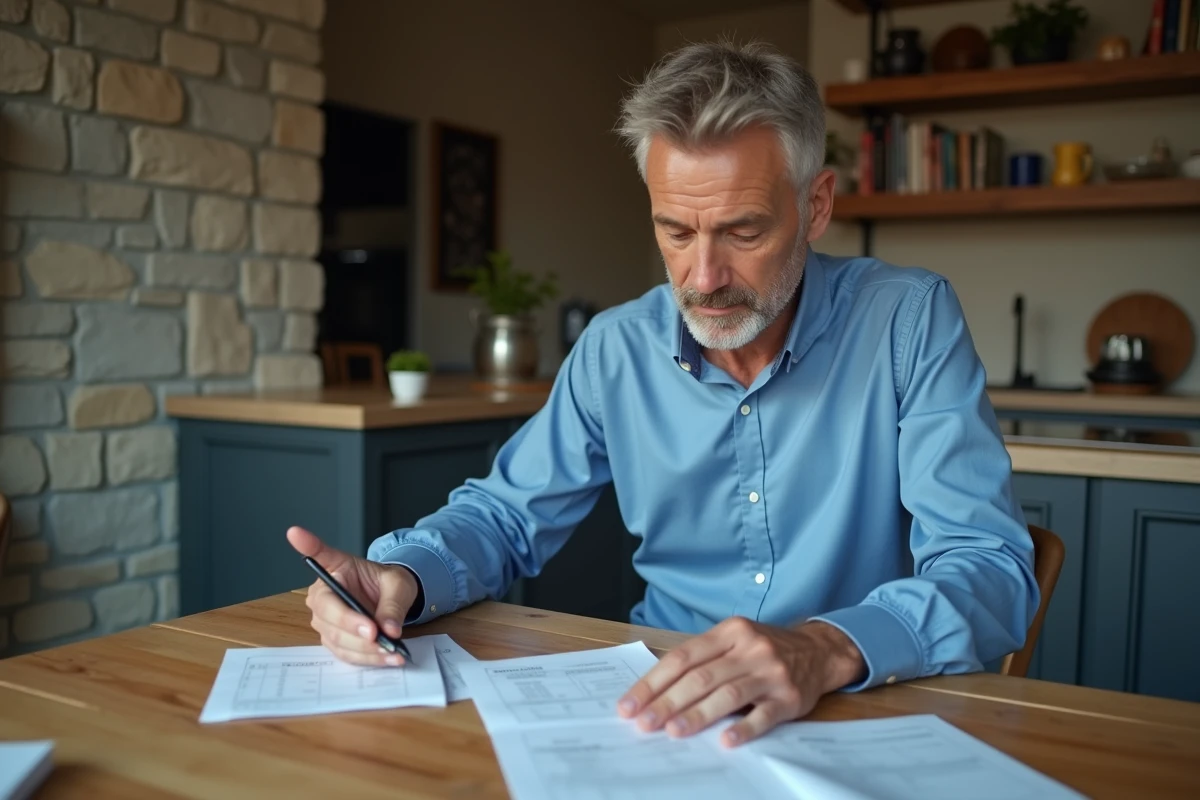 Homme français lisant des documents dans la cuisine