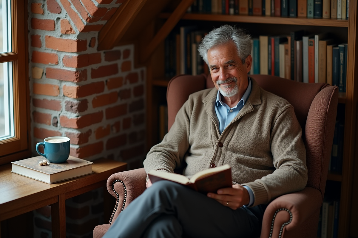 Homme âgé dans un coin lecture sous un escalier