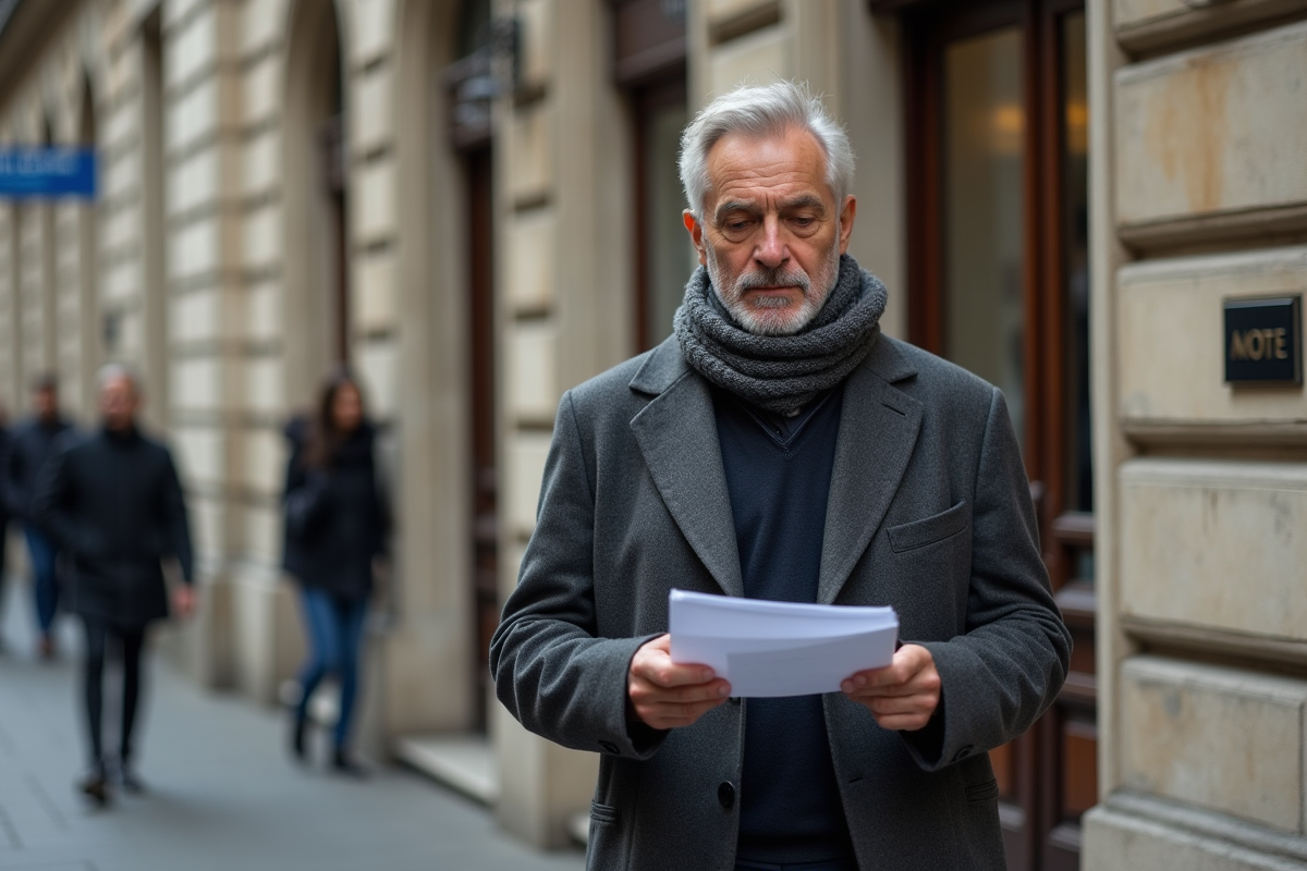 Homme lisant une lettre devant une banque parisienne